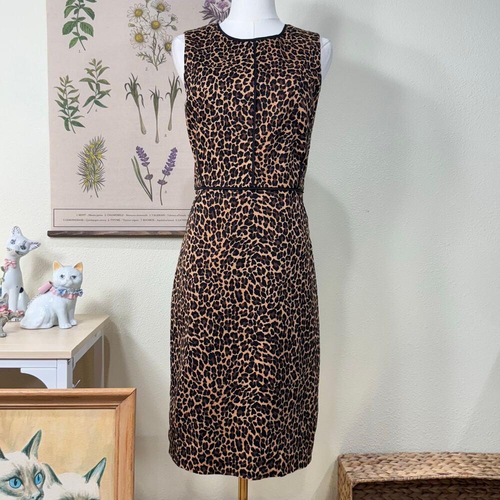 J. Crew Leopard Cheetah Knee Length Sleeveless Sheath Dress Career Chic S 6